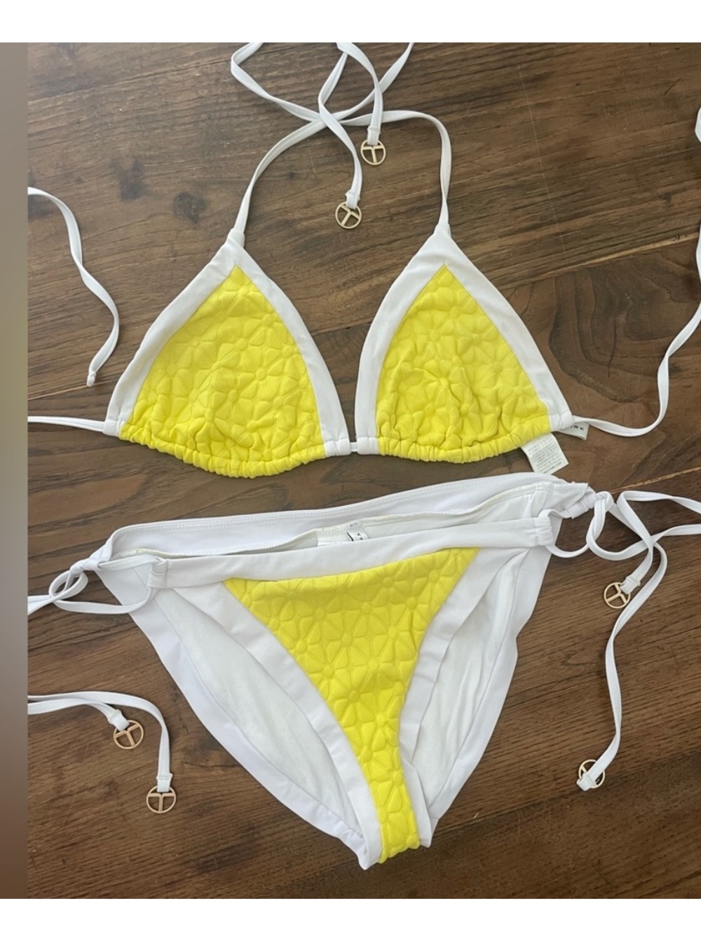 Tina Turk sunshine Jacquard daisy Yellow  Triangle Bikini White Trim contrast 12